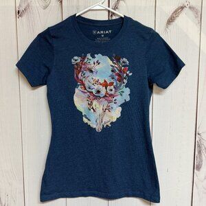 Ariat Graphic T-Shirt Women’s Medium Heather Navy Floral Deer EUC